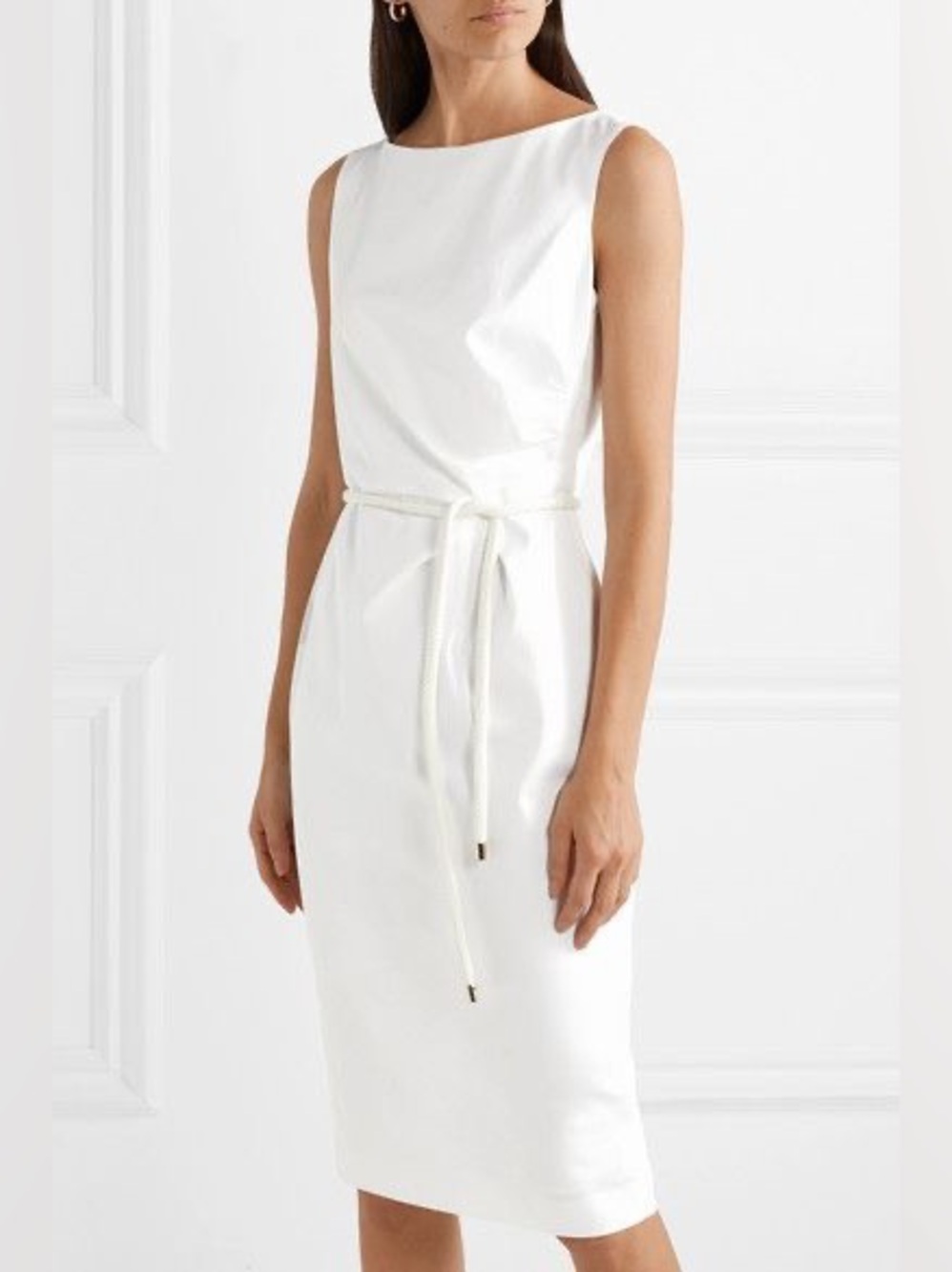 MaxMara Sleeveless White Tie-Waist Midi Cordoba Sheath Dress